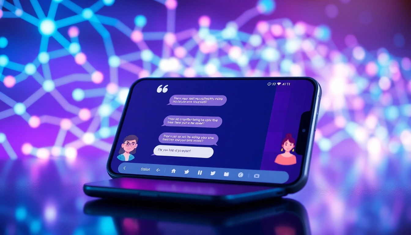 Futuristic AI chat interface on a sleek device with glowing neural network background and customizable avatars.