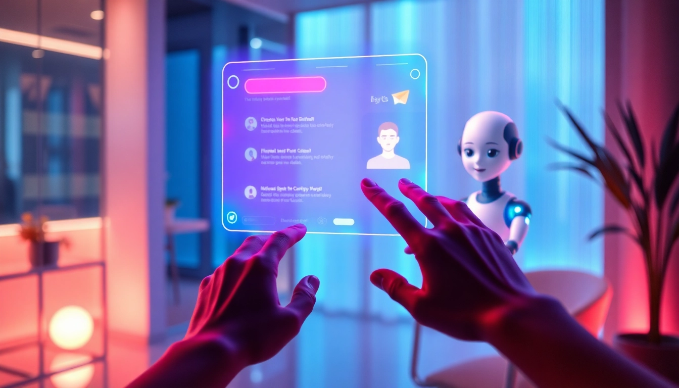 An illustration of a futuristic virtual chat interface with glowing holograms and an AI character avatar in a high-tech environment.