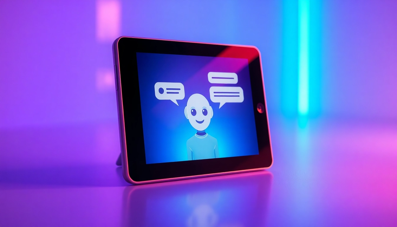An illustration of a futuristic AI chatbot interface on a sleek device, with glowing neon colors and a friendly AI character on the screen engaged in conversation.