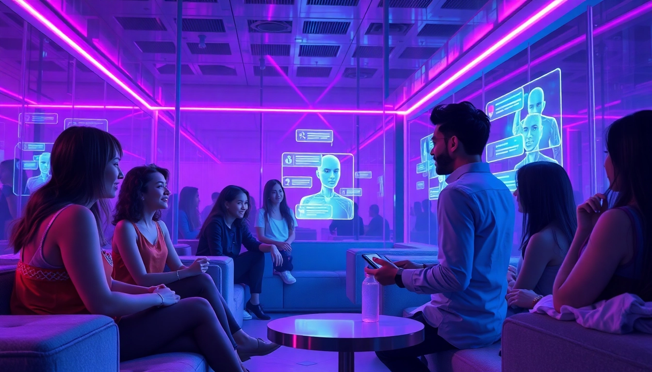 A futuristic indoor lounge with neon lighting, people interacting with holographic AI interfaces, and a modern, vibrant atmosphere.