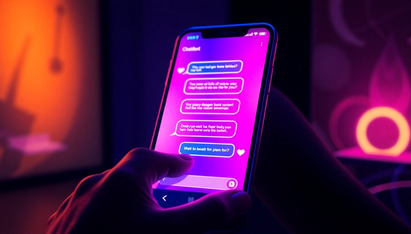Close-up of a sleek mobile device displaying a vibrant AI chat interface in a dark, cyberpunk-inspired setting.