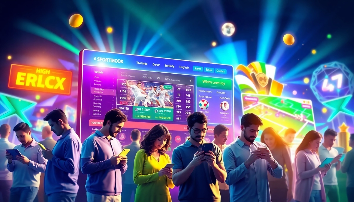 Digital illustration of an online sportsbook and casino platform interface with vibrant colors and dynamic elements.