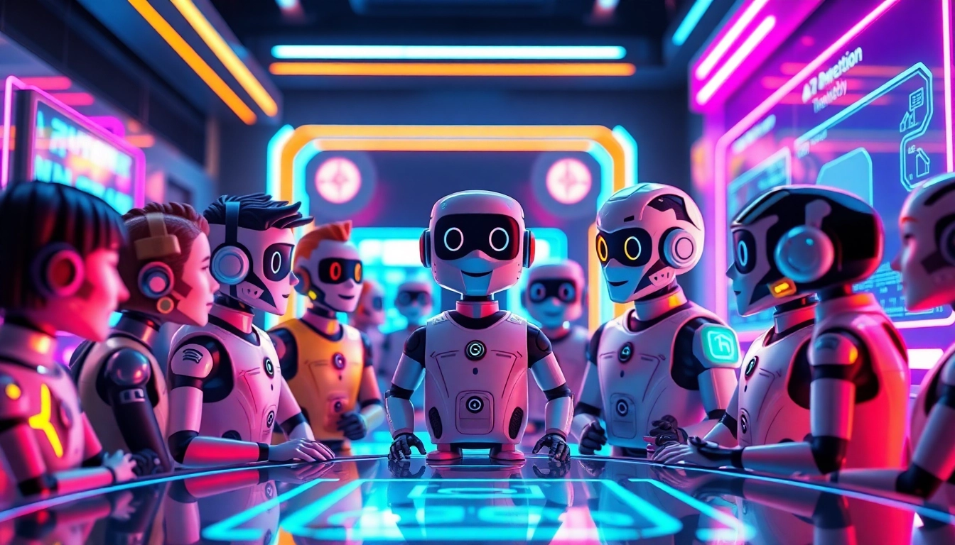 Futuristic AI characters engaged in a vibrant digital chat environment with holographic interfaces.