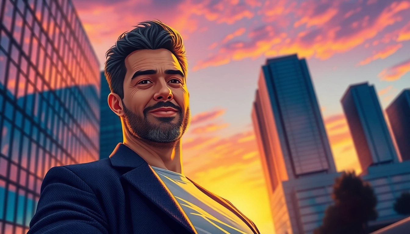 An illustration of a confident, stylish mature man standing against a cityscape at sunset, with warm lighting and vibrant colors.