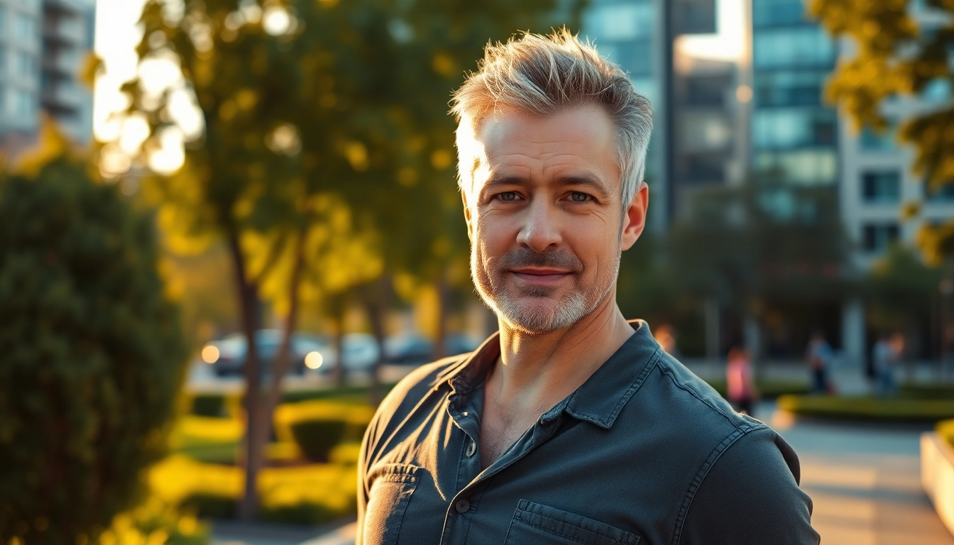 Attractive middle-aged man standing confidently in a city park during golden hour