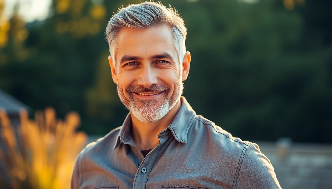 Portrait of an attractive mature man outdoors during golden hour, smiling confidently.