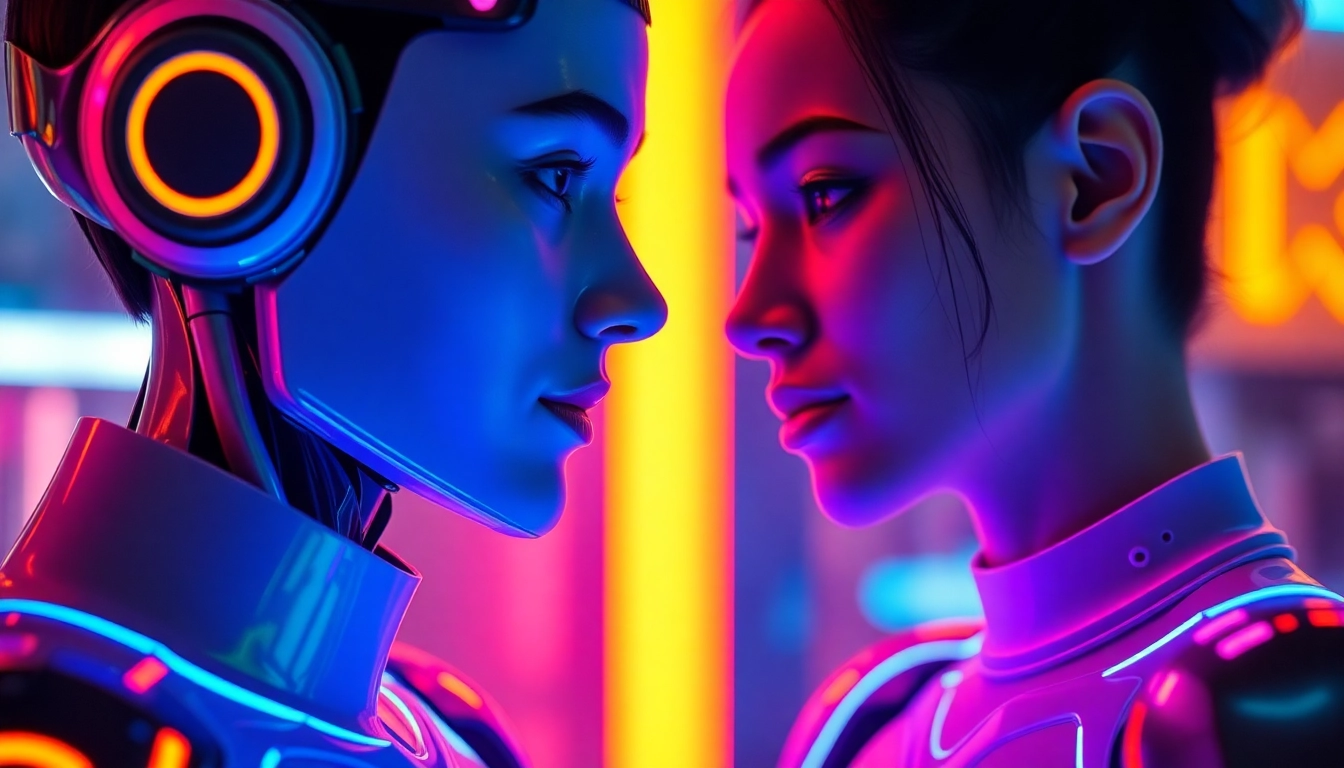 Interactive scene highlighting the power of nsfw ai chat with a realistic digital partner in a moody, vibrant setting for mature audiences.