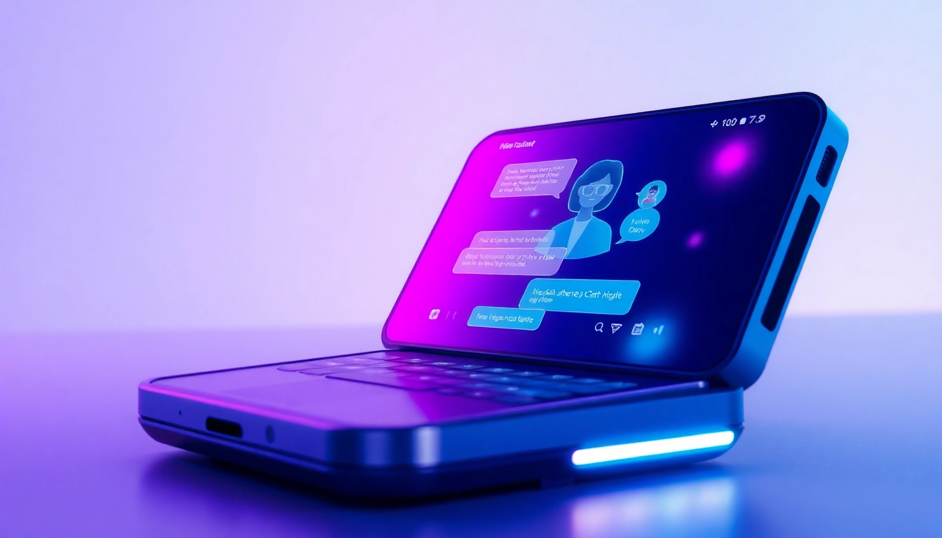 An illustration of a futuristic chat device screen with colorful AI characters and conversation bubbles, glowing neon accents, and a sleek modern background.