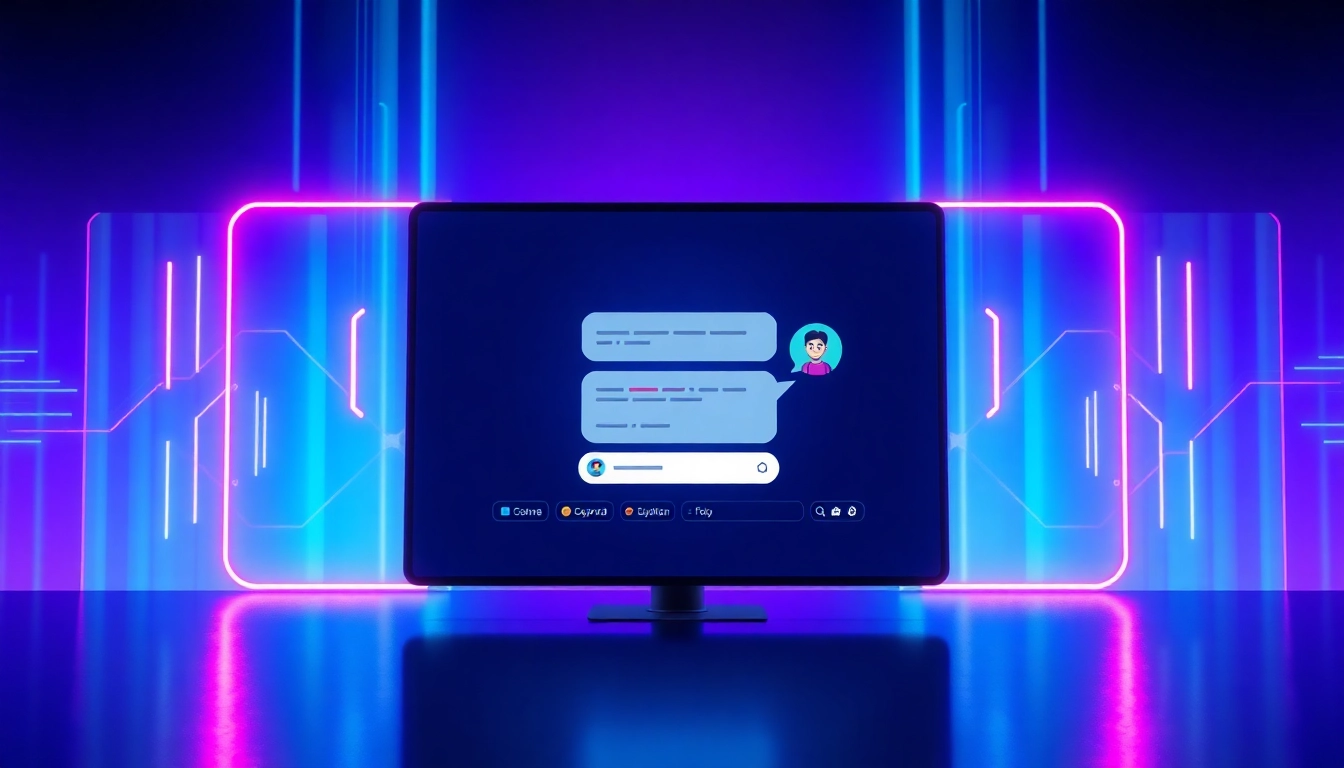 Futuristic AI chatbot interface with neon lights and digital holograms
