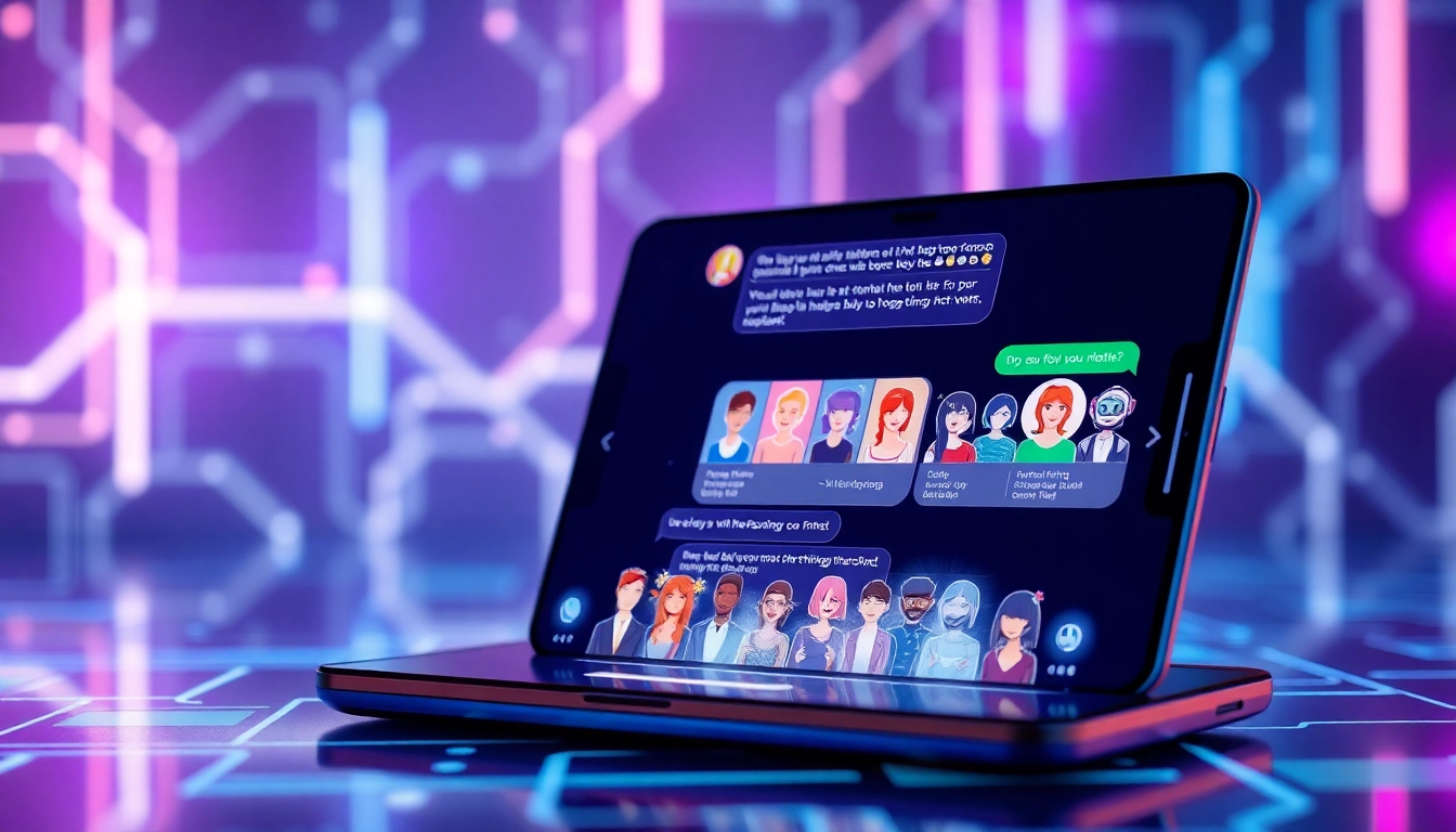 Futuristic digital chat interface with customizable AI characters on a sleek device screen surrounded by glowing cybernetic elements.