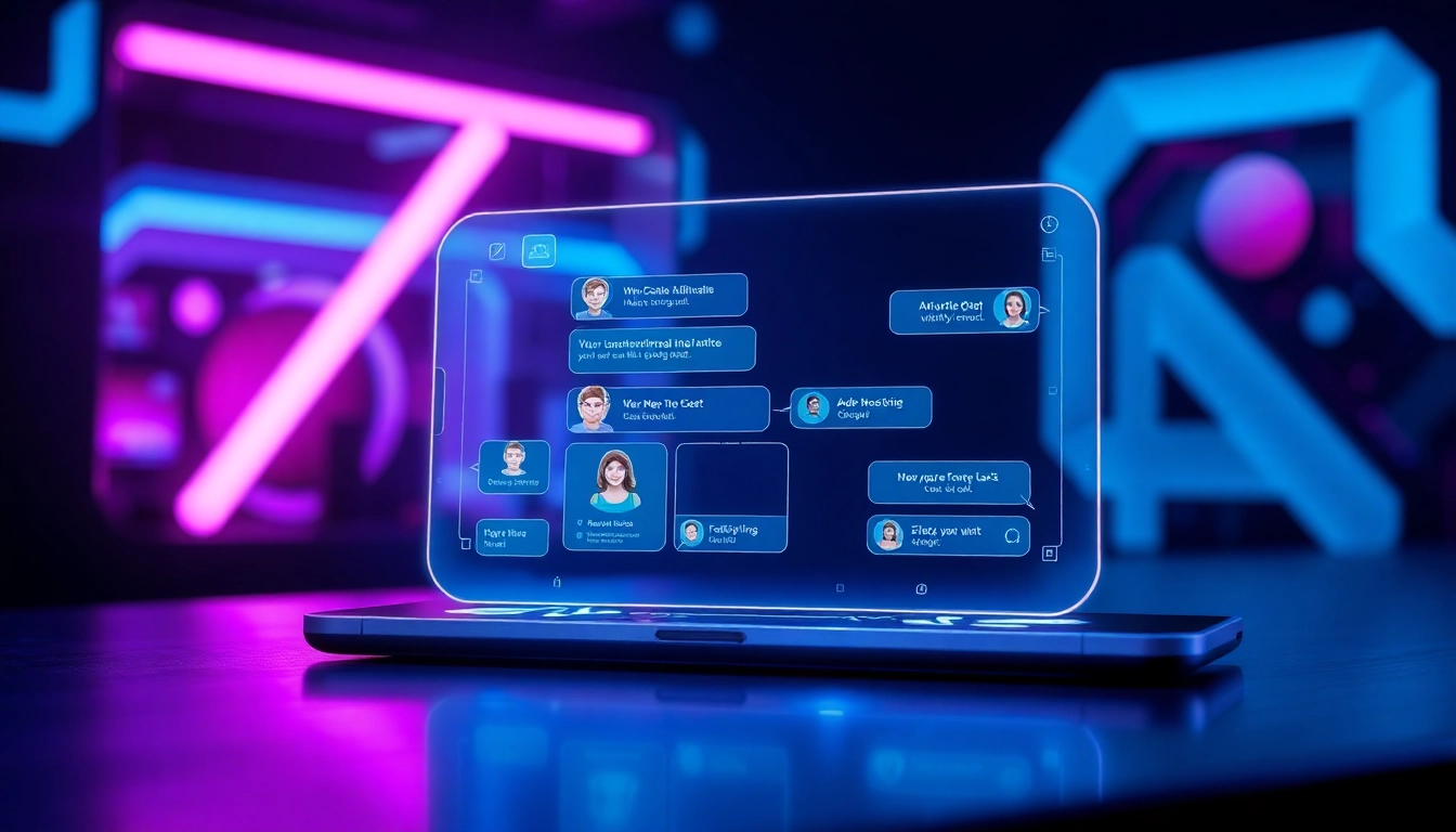 Futuristic digital chat interface with holographic AI characters and neon accents