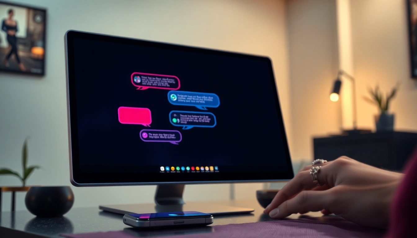 Close-up of a smartphone and desktop screen displaying vibrant AI chat interfaces in a modern, high-tech setting.
