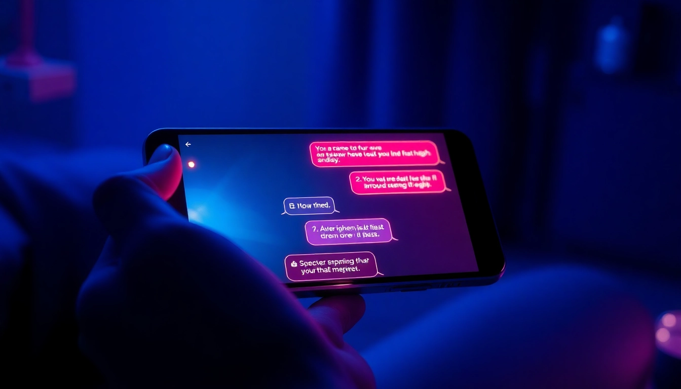 Close-up of a futuristic device displaying a sleek AI chatbot interface with glowing chat bubbles in a dimly lit room.