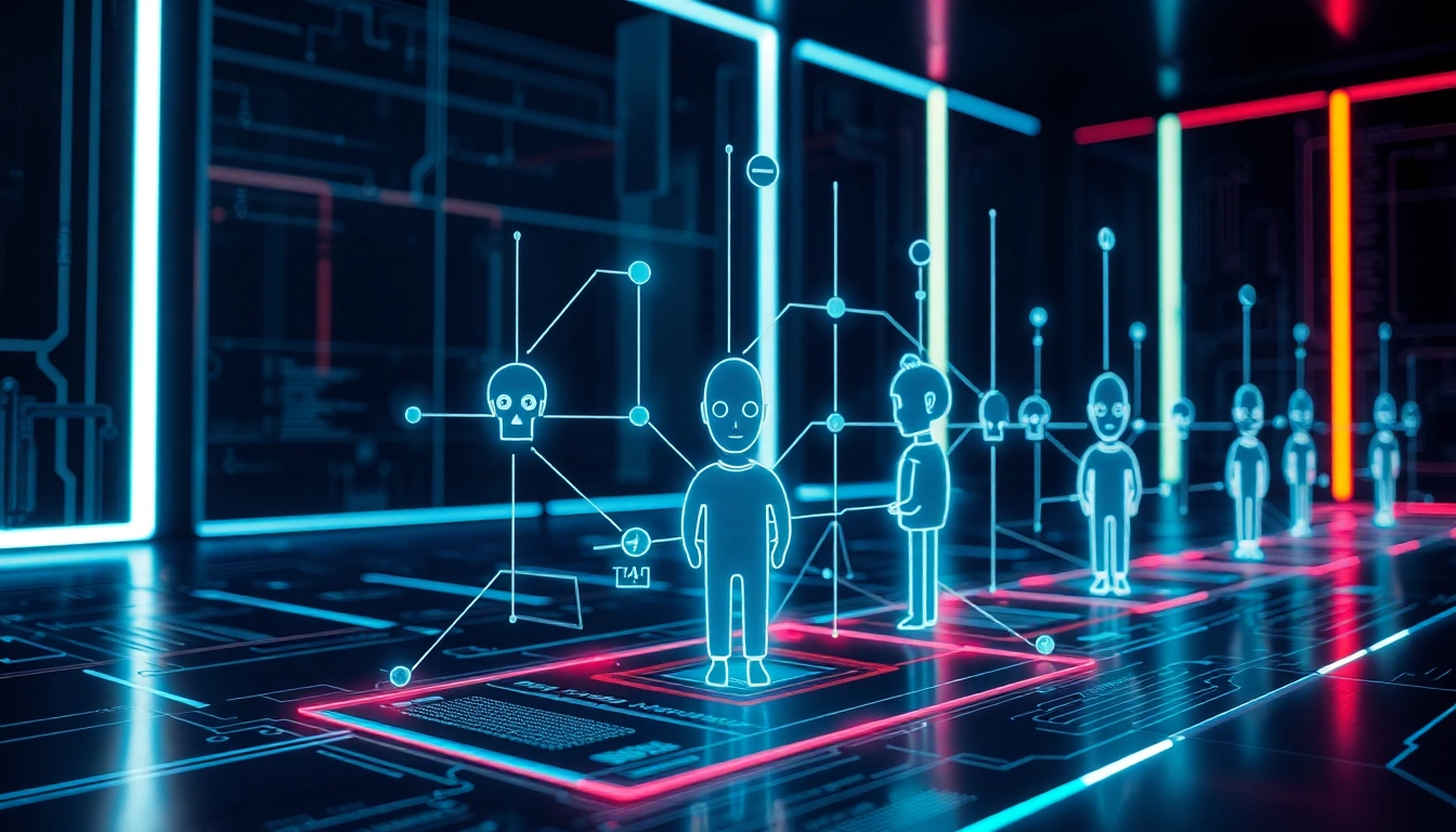 Futuristic AI interface with holographic characters in a high-tech environment